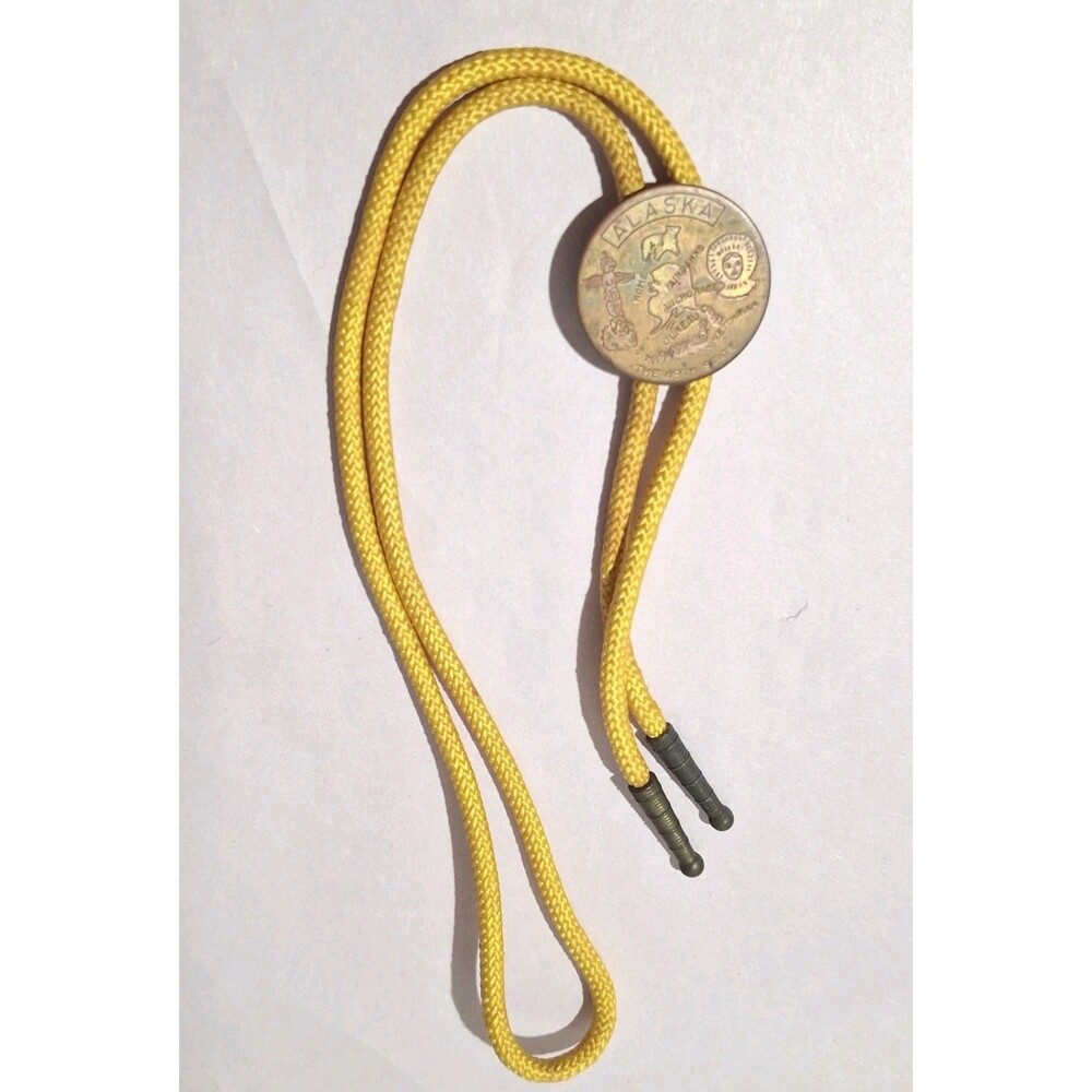 Vintage Alaska The 49th State Bolo Tie Engraved Brass Medallion Corded